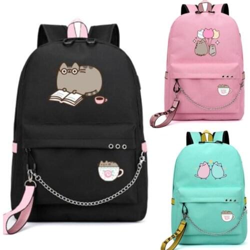 Cute Fat Cat Reading USB Port Backpack School Bags Travel Book Boys Girls Bags Laptop Headphone USB Port Mochilas