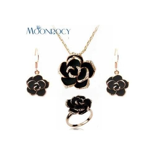 MOONROCY Free Shipping Zirconia Rose Gold Color And Austrian Crystal Jewelry Set Necklace Earring and Ring Black Rose Gift