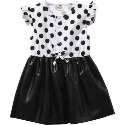 Summer 2021 New Little Girls Fly Sleeve Dresses Sweet Polka Dot Button down Leather Stitching A-line Princess Dress