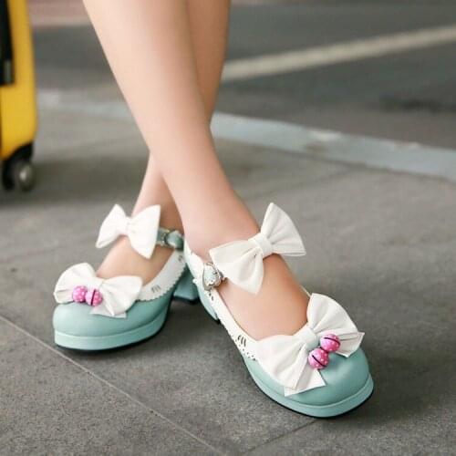 Princess Lolita Cosplay Shoes Woman Lolita Strawberry Bell PU Round Toe Bow Cute Cosplay Shoes