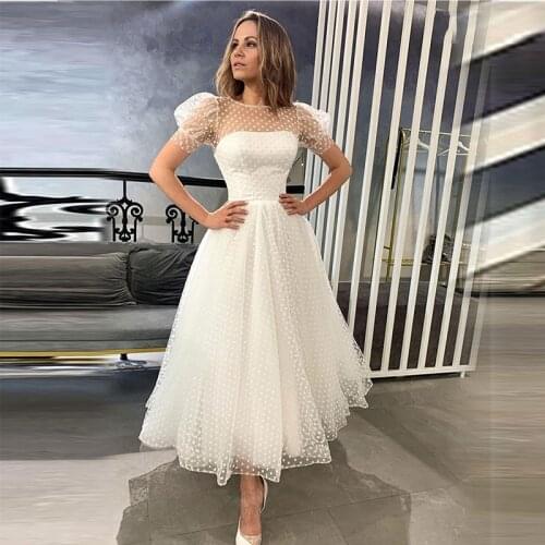 Charming On Sale Short Bridal Wedding Dresses Ankle Length Illusion Jewel Neck Short Sleeves Wedding Gowns for Bride 2021