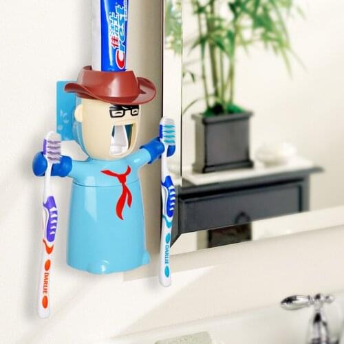 Plastic Automatic Toothpaste Dispenser Set Cartoon Traceless Kids Toothbrush Holder Bathroom Accessory Set Lazy Dispenser