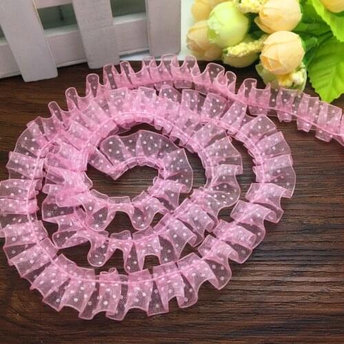 50 yards bulk Pink Dot organza Lace Gathered Pleated Trim