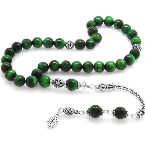 Tesbihane 925 Sterling Silver Tassels Sphere Cut Green Tiger 'S Eye Natural Stone Rosary