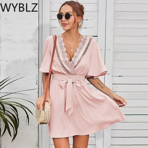 WYBLZ Summer Sexy Women Dress Hollow Out Short Sleeve Belt Bow Casual Mini Dresses Pink Elegant Evening Party Lace Chic Vestido