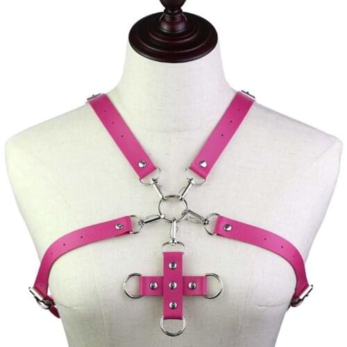 Hot Pink Body Harness Leather Belt Bondage Chest Cross Accessories Sexy Lingerie Punk Goth Dance Costume Plus Size Suspender Bra