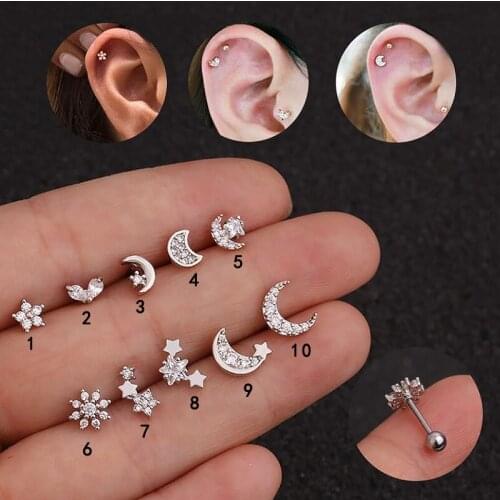 1pc Silver Color Body Jewelry Moon Star Flower Heart Stainless Steel Barbell Zircon Tragus Cartilage Helix Rook Piercing Earring