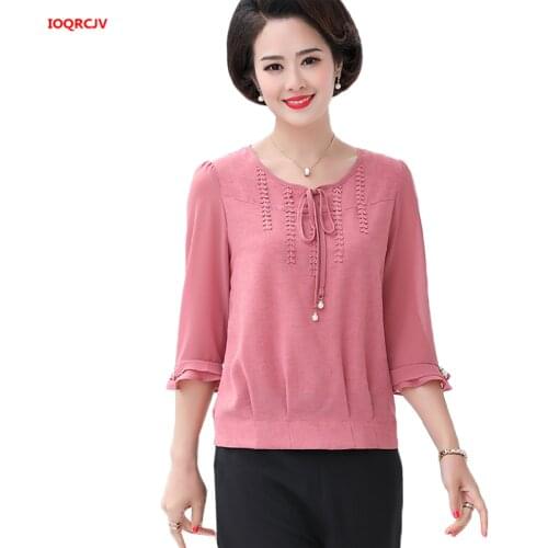 Sweet T Shirt Female T-Shirts Women Plus Size Top Fashion Three Quarter Sleeves Chiffon Shirts Summer Mother Clothing 5XL W1869