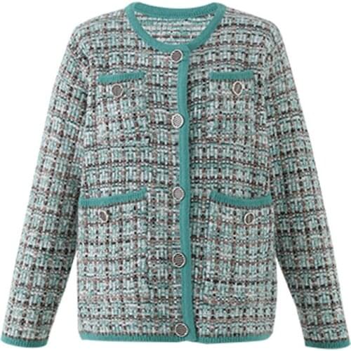 VSUE Women Plaid Button Long Sleeve O Neck Jacket Single-breasted Button Green Beige Tweed Pocket C0562