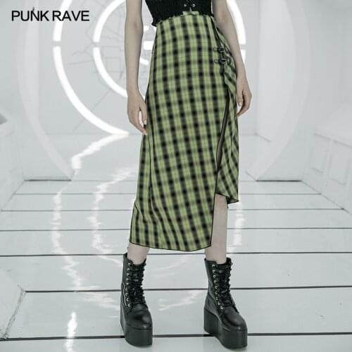 PUNK RAVE Womens Punk Daily Sweet Cool Girls Asymmetrically Spliced Half Skirt with High Slit Hemlines Sexy Green Skirt