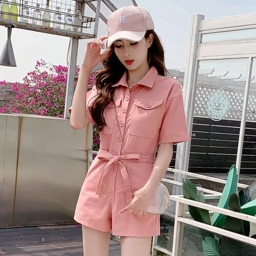 Combinaison femme pink slim waist solid color shorts jumpsuit women ropa mujer mono mujer verano monos mujer
