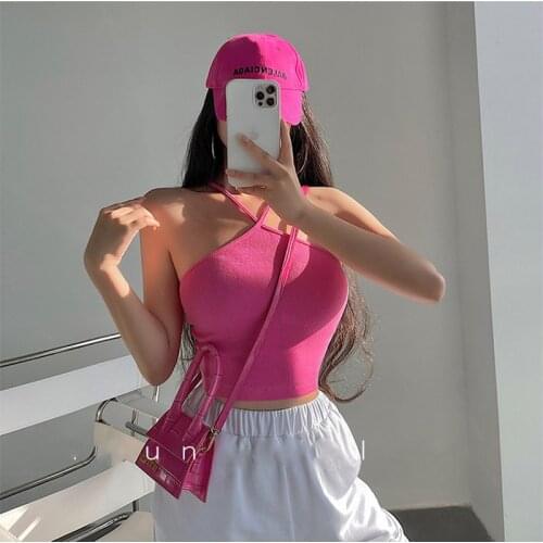 Cropped Tank Top Women Summer Cyber Y2k Halter Trendy Pink Ribbed Spaghetti Strap Top Baby Tee Y2k Workout Sexy Crop Top