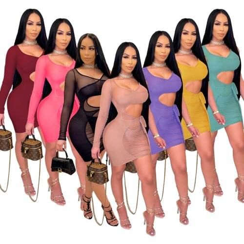 Women Solid Sexy Bodycon Dress Fashion Mesh See-Through Women Dress Lace Up Long Sleeve Dress Club Party Dresses