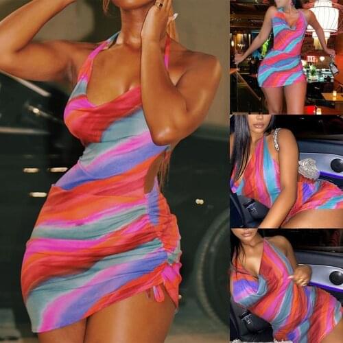 Womens New Sexy Party Pool Rainbow Smock Halter Halter Dress Flower Color