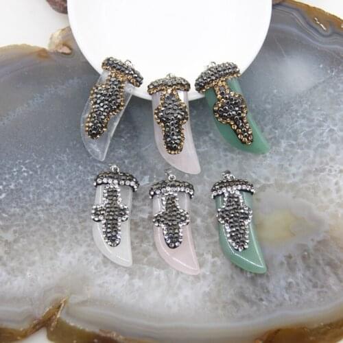 1pcs Natural Crystal Rose/White Quartz Knife Shape Pendants Jewelry,Paved Rhinestone Tooth Shape Green Aventurine Necklace