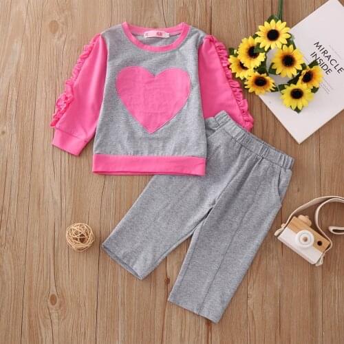 2PCS Infant Casual Outfits Toddler Infant Baby Girls Long Sleeve Heart-Shaped Print Casual Tops+Pants Sets Conjuntos De Menina