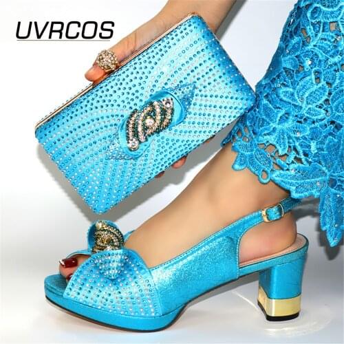 2021 HEELS Style Italian Speciasl Design Shoes and Bag Set in SKY BLUE Color Nigerian Lady Shoes Matching Bag for Wedding
