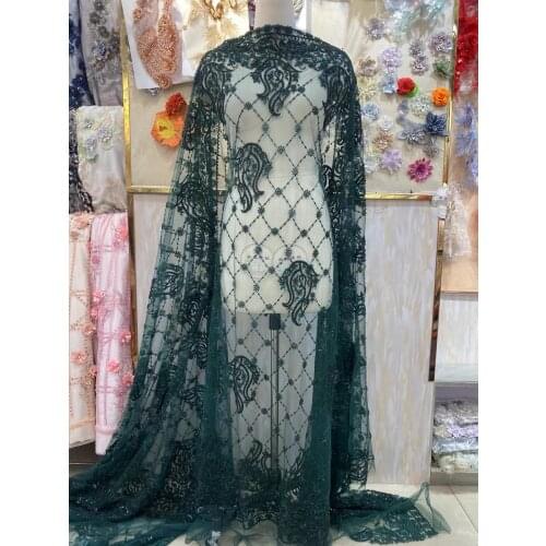 5yards/pc) Top quality emerald green French net lace fabric African wedding lace with tube beads and sequins embroidery FGY033