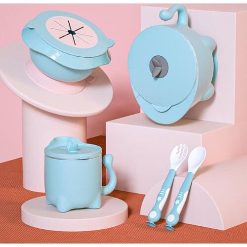 6Pcs Baby Stainless Steel Thermal Food Feeding Bowl Set With Silicone Spoon Fork Toddler Cup Insulated Sucker Plate Food Grade