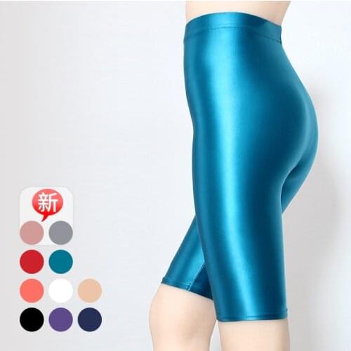 HYRAX Five-point Pants Satin shiny Swimming Shorts Yoga Shorts Women Shiny Sports Tights High Elastic Gym Running Sexy Tights
