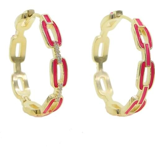 INS enamel Gold Color cuban chain Hoop Huggies Earrings Circle round Shape pink green blue Earrings Women Girls Metal Jewelry