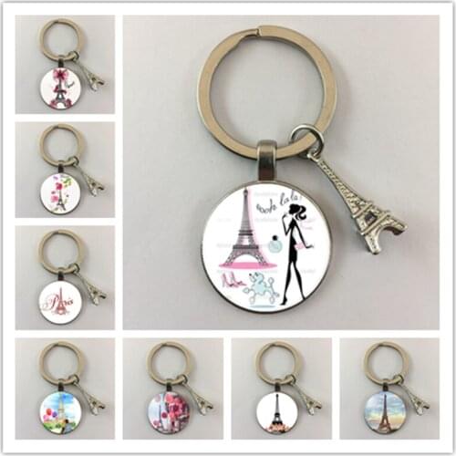 Beautiful Eiffel Tower Paris Romance City Glass Round Photo Keychain Glass Cabochon Keychain Jewelry Gift