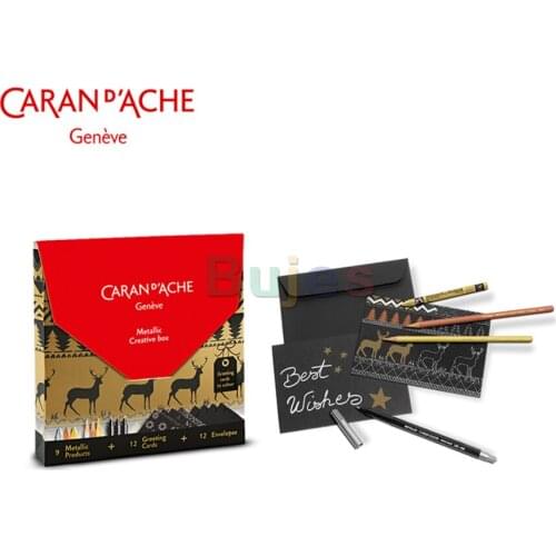 CARAN D'ACHE 9 Metallic Products + 12 Greeting Cards + 12 Envelopes Color lead color crayon watercolor brush pen gift box suit