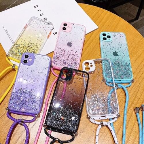 Glitter Sequins Clear Phone Case For iPhone 12 11 Mini Pro Max XR X XS 7 8 Plus Necklace Rope Chain Cover fundas para iphone