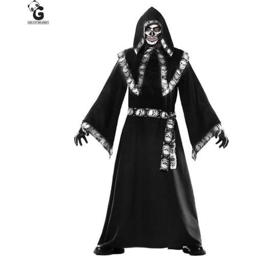 Wizard Horror Grim Reaper Costume Women Men Monk Cloak Robe Priest Witch Dress Skeleton Zombie Halloween Purim Party Fancy