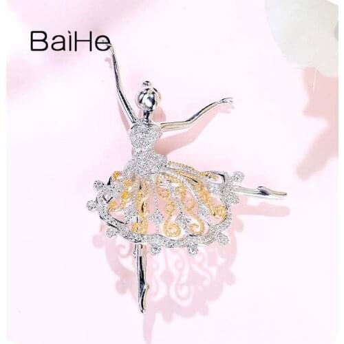 BAIHE Solid 14K White+Yellow Gold 0.20ct Diamond Ballerina Pendant Swan Lake diamond Neck Brooch Trendy Fine Jewelry Women брошь