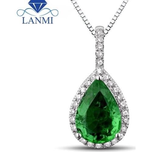 LANMI Pendant Gorgeous Pear Cut Gem Natural Green Emerald With Brilliant Dia In Solid 18Kt White Gold Women Pendant Necklace