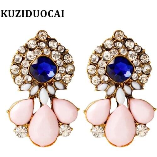 Kuziduocai New Fashion Jewelry Vintage Bronze Rhinestones Acrylic Droplets Stud Earrings For Women Gifts Statement Brincos E-357