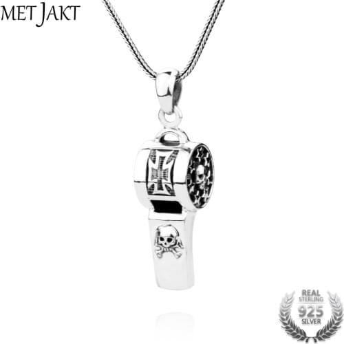 MetJakt Punk 925 Sterling Silver Blowable Whistle Pendant & Hand Carved Star Skull and Cross 925 Snake Chain 16-32 Inches
