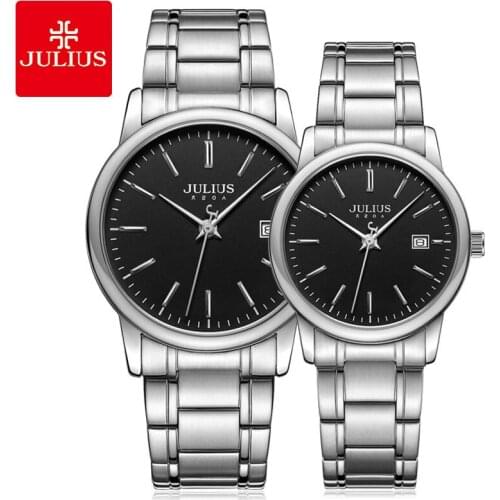 Julius Fashion Couple Watch Man And Women Business Wristwatch Date Display Ladies Quartz Watch Stainless Steel Bracelet Watches