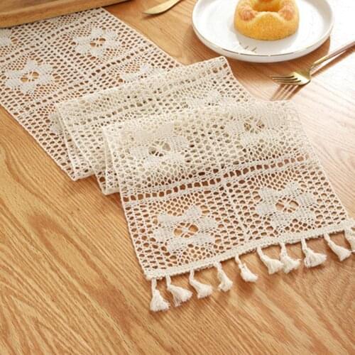Pastoral Handmade Lace Tassel Table Runner Country Dustproof Table Crochet Knitting Rectangle Cloth Cotton Polyester Hollow W4M5