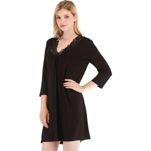 Spring and Summer Womens Nightdress Modal Loose Lace V-neck Simple Womens Home Service Womens Nightgown Sleepwear Sleep Tops