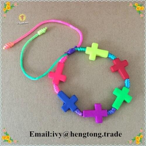 Rainbow color cord rosary bracelet/ fluorescent plastic bead bangle for children