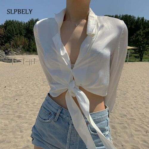 SLPBELY Sexy Women Satin Slik Crop Tops Summer Casual Navel Strap Bow V-neck Long Sleeves Korean Blouse Shirts Ladies Teeshirts