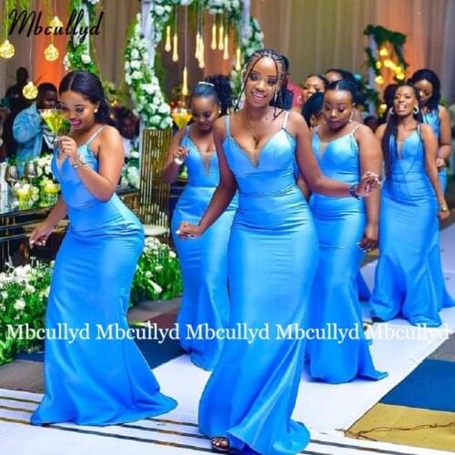Blue Bridesmaid Dresses Mermaid 2021 Spaghetti Straps African Bridesmaid Dress Plus Size for Women Wedding Party Gown
