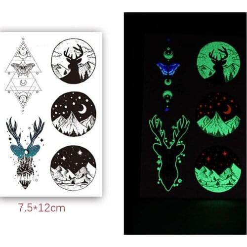 Luminous Tattoo Sticker Ins Moon Butterfly Antlers Deer Water Transfer Waterproof Temporary Tatto Body Art for Men Women Kids