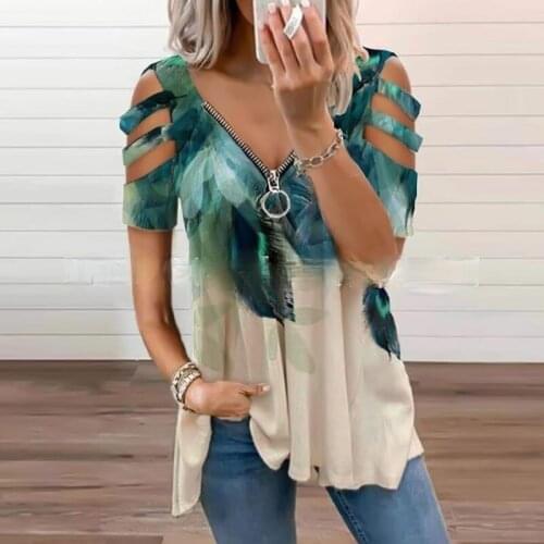 Casual New Fashion 2021 Summer Women T-Shirt Loose Zipper V-neck Print Off Shoulder Short Sleeves Irregular Tops Ladies T-shirts