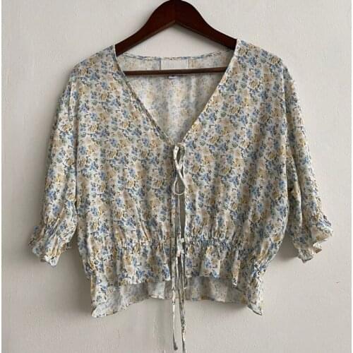 Women Shirt 2020 Early Autumn New Print Lace Up Ruffled Floral Shirt