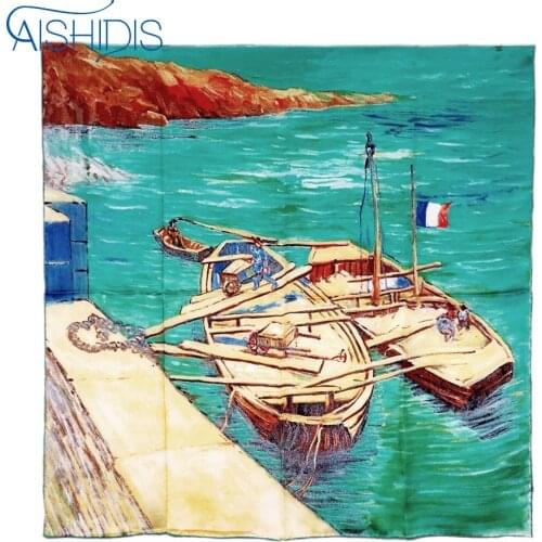 Women Silk Square Shawl Scarf Wraps Big Size Handmade Van Goghs Landing Stage with Boats