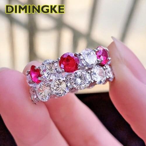 DIMNIGKE 5*5MM Super Flash Blue, Red and White Diamond Female Ring 100%-S925 Silver Wedding Wine Party Fine Jewelry