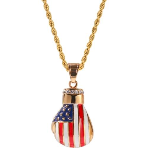Hip Hop Rhinestones Gold Necklace Fashion Chinese American Flag Boxing Gloves Pendant Necklace For Men Cuban Link Chain