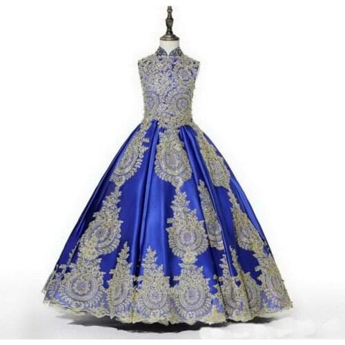 Golden Lace Blue Girls Princess Ball Gowns Flower Giels Dress Girls Birthday Lace Satin Dresses Pageant Party Dresses Gowns