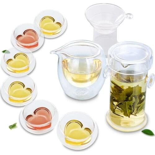 1x Kung fu Coffee Tea Set - Glass Double Ear Handles Tea Pot + Strainer + Tea Pitcher / Chahai +6 Heart Double Wall Mug Cups