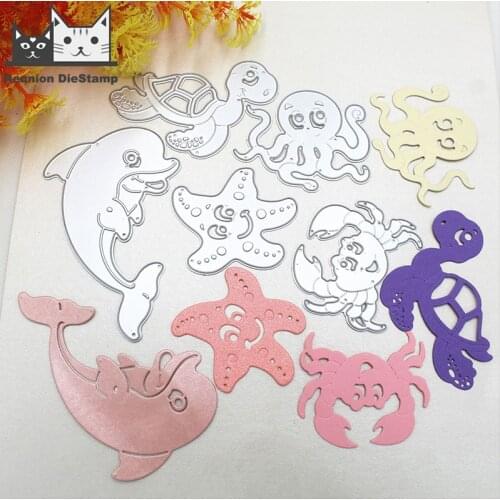 Reunion 5Pcs Dolphin Octopus Starfish Set Animal Shapes Metal Cutting Dies Stencils for Photo Album Decorative DIY Paper Cards