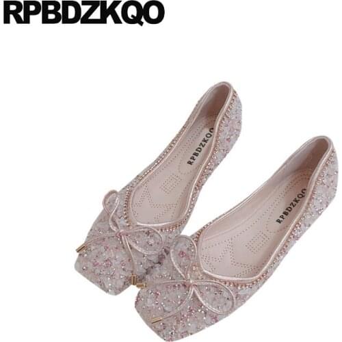 Square toe bowtie flats soft ballet women 2018 dress sparkling wedding bow diamond pink shoes white crystal ballerina rhinestone