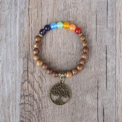 Wooden Beads Life Tree Mala Chakra Bracelet Yoga Healing Reiki Prayer Mala Charm Strand Bracelet Jewelry for Women Men